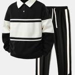 Ensemble — sweat polo patchwork color block & pantalon rayé à ourlet fendu
