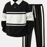 Ensemble — sweat polo patchwork color block & pantalon rayé à ourlet fendu