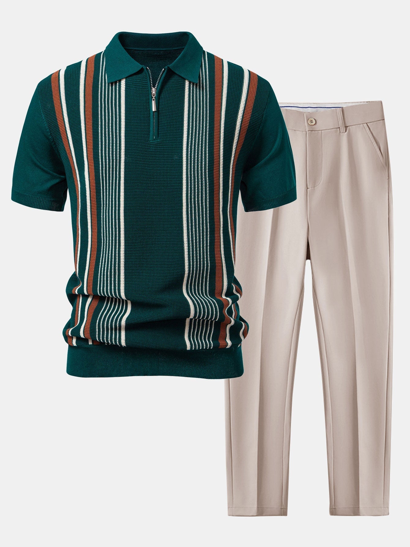 Ensemble — polo zippé en maille rayée & pantalon fuselé coupe slim