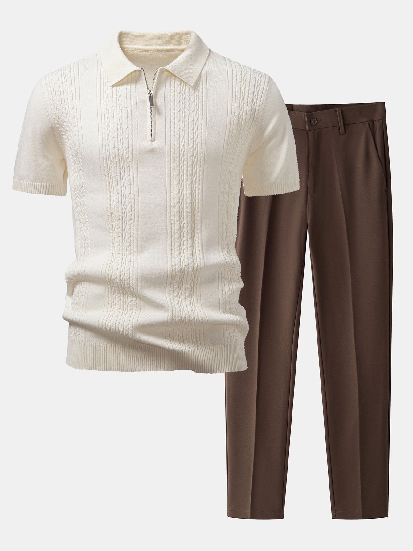 Ensemble — polo zippé en maille jacquard torsadé & pantalon fuselé