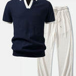 Ensemble Améline — polo gaufré en maille contrastante à col Johnny & pantalon gaufré en maille à cordon