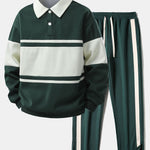 Ensemble — sweat polo patchwork color block & pantalon rayé à ourlet fendu