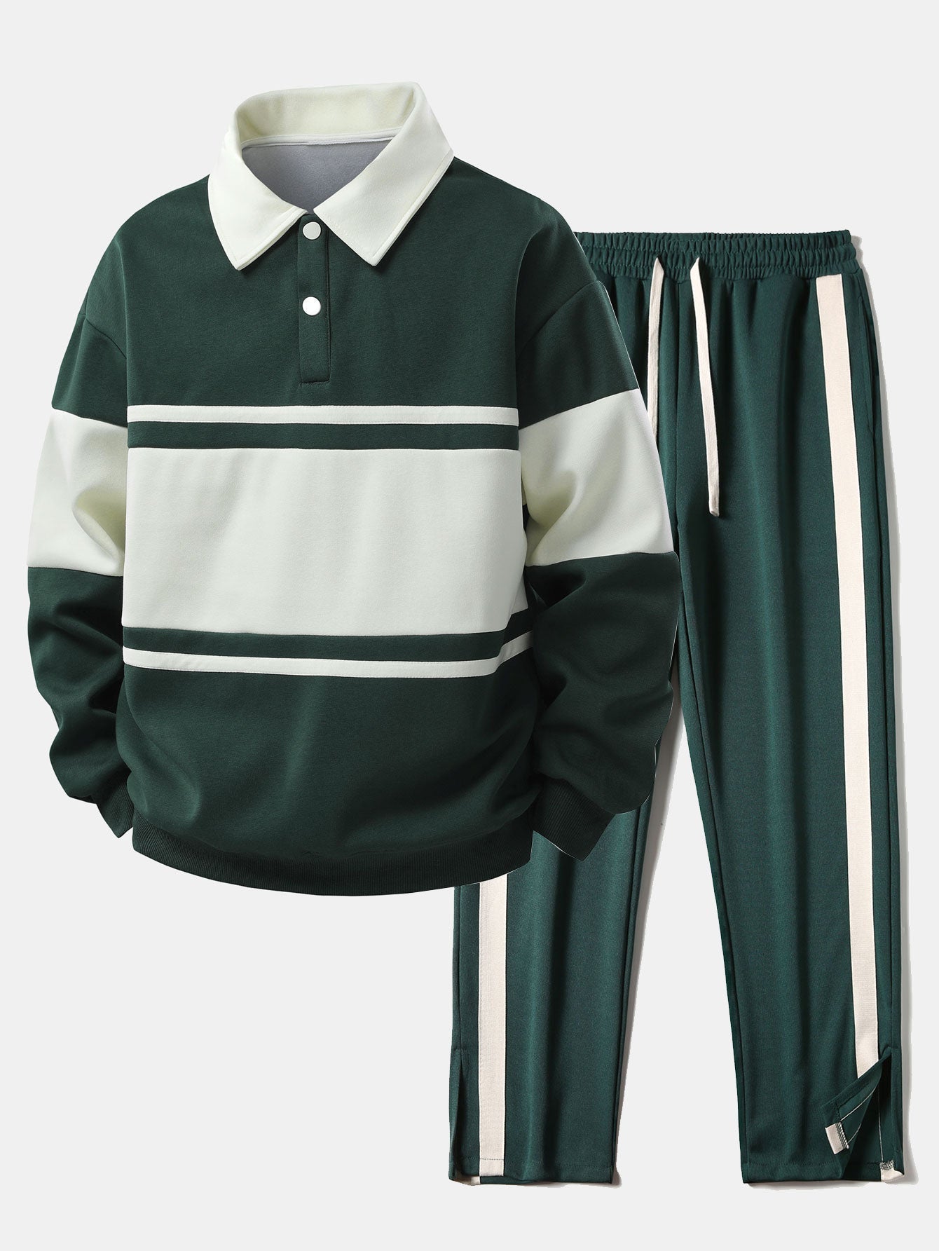 Ensemble — sweat polo patchwork color block & pantalon rayé à ourlet fendu