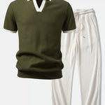Ensemble Améline — polo gaufré en maille contrastante à col Johnny & pantalon gaufré en maille à cordon