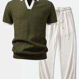 Ensemble Améline — polo gaufré en maille contrastante à col Johnny & pantalon gaufré en maille à cordon