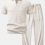 Ensemble — polo gaufré à col Johnny et poche & pantalon gaufré en maille à cordon