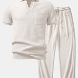 Ensemble — polo gaufré à col Johnny et poche & pantalon gaufré en maille à cordon