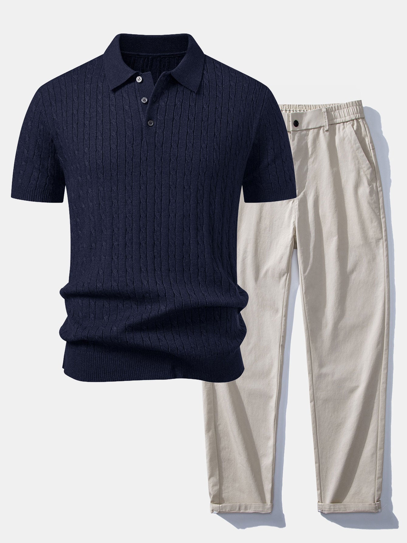Ensemble — polo en maille jacquard torsadé & pantalon à jambe droite et taille élastique