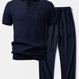 Ensemble — polo gaufré à col Johnny et poche & pantalon gaufré en maille à cordon