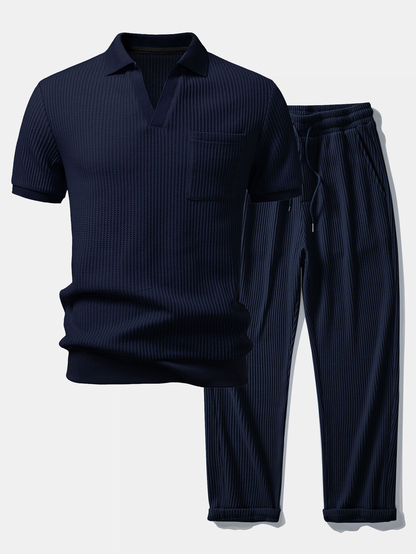 Ensemble — polo gaufré à col Johnny et poche & pantalon gaufré en maille à cordon