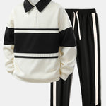 Ensemble — sweat polo patchwork color block & pantalon rayé à ourlet fendu