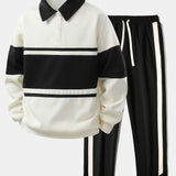 Ensemble — sweat polo patchwork color block & pantalon rayé à ourlet fendu