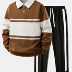 Ensemble — sweat polo patchwork color block & pantalon rayé à ourlet fendu