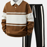 Ensemble — sweat polo patchwork color block & pantalon rayé à ourlet fendu