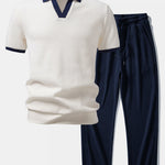 Ensemble Améline — polo gaufré en maille contrastante à col Johnny & pantalon gaufré en maille à cordon