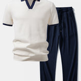 Ensemble Améline — polo gaufré en maille contrastante à col Johnny & pantalon gaufré en maille à cordon