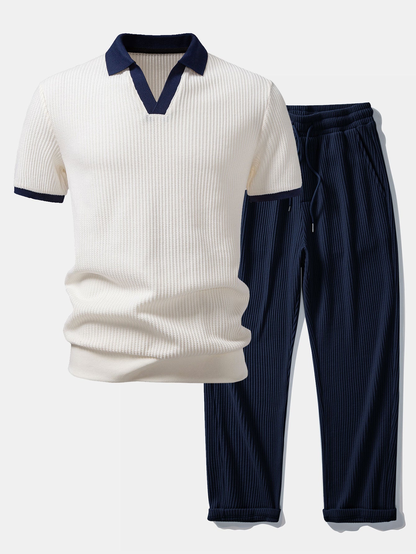 Ensemble Améline — polo gaufré en maille contrastante à col Johnny & pantalon gaufré en maille à cordon