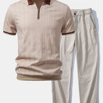 Ensemble — polo zippé en maille texturée à bordure contrastante & pantalon à taille élastique