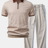 Ensemble — polo zippé en maille texturée à bordure contrastante & pantalon à taille élastique