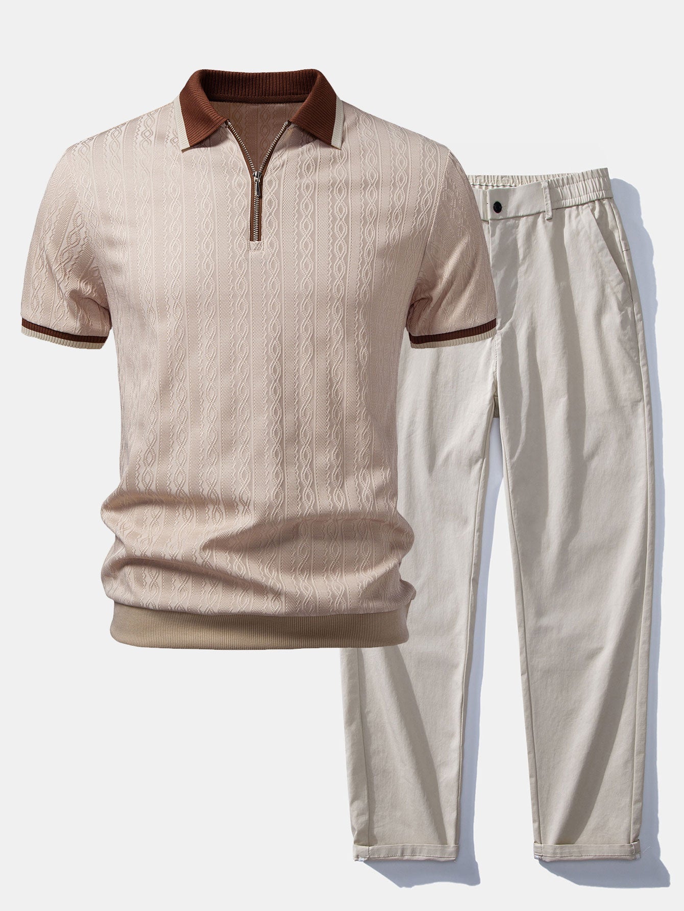 Ensemble — polo zippé en maille texturée à bordure contrastante & pantalon à taille élastique