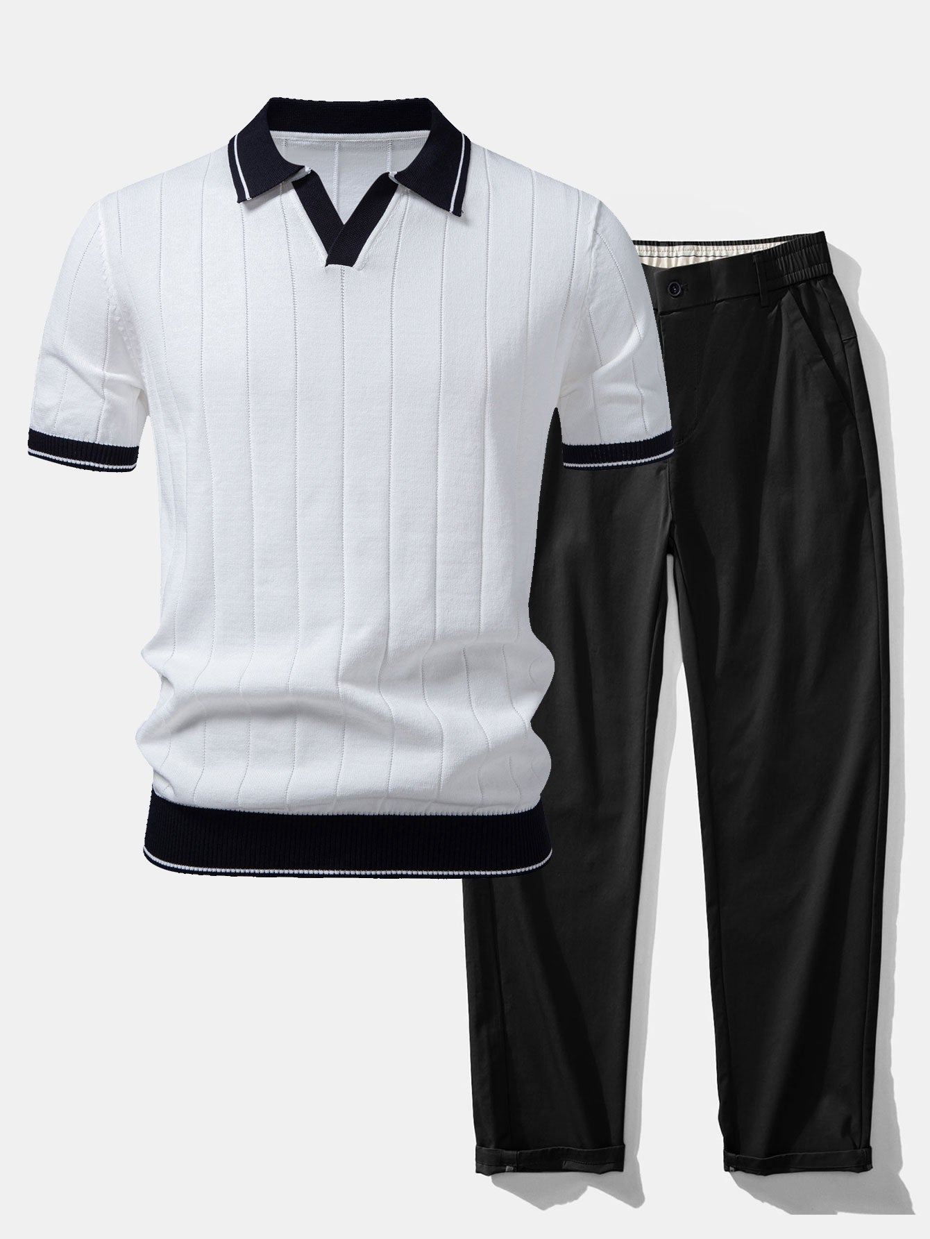 Ensemble — polo côtelé en maille à col Johnny et bordure contrastante & pantalon