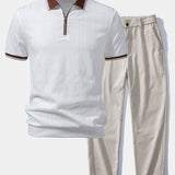 Ensemble — polo zippé en maille texturée à bordure contrastante & pantalon à taille élastique