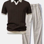 Ensemble — polo côtelé en maille à col Johnny et bordure contrastante & pantalon
