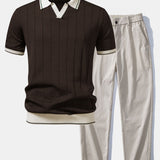 Ensemble — polo côtelé en maille à col Johnny et bordure contrastante & pantalon