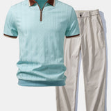 Ensemble — polo zippé en maille texturée à bordure contrastante & pantalon à taille élastique