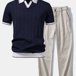 Ensemble — polo côtelé en maille à col Johnny et bordure contrastante & pantalon