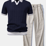 Ensemble — polo côtelé en maille à col Johnny et bordure contrastante & pantalon