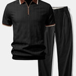 Ensemble — polo zippé en maille texturée à bordure contrastante & pantalon à taille élastique
