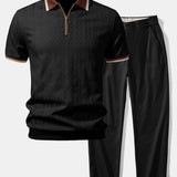 Ensemble — polo zippé en maille texturée à bordure contrastante & pantalon à taille élastique
