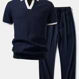 Ensemble Capucine — polo gaufré en maille contrastante à col Johnny & pantalon gaufré en maille à cordon