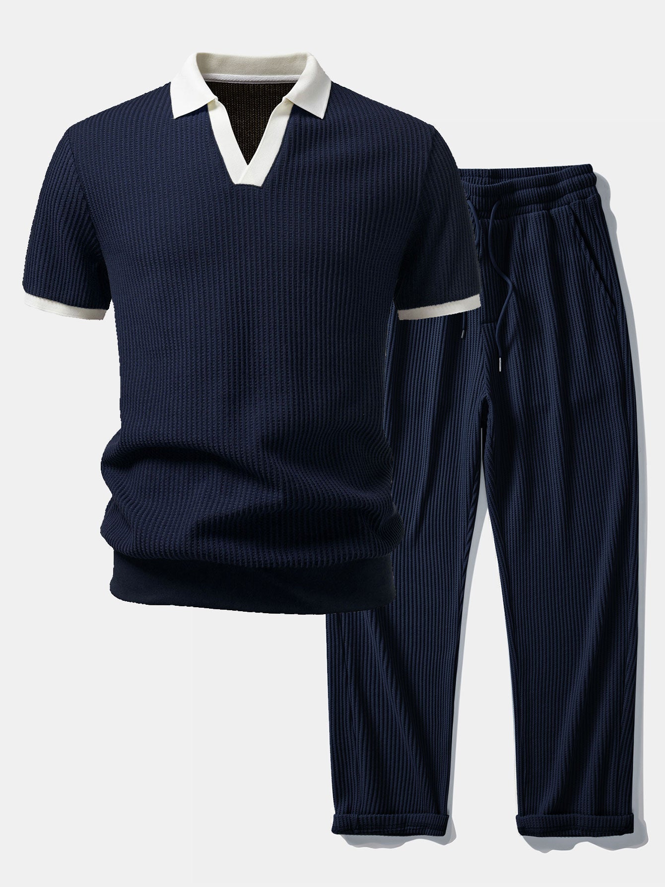 Ensemble Capucine — polo gaufré en maille contrastante à col Johnny & pantalon gaufré en maille à cordon
