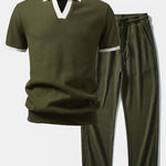 Ensemble Capucine — polo gaufré en maille contrastante à col Johnny & pantalon gaufré en maille à cordon