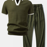 Ensemble Capucine — polo gaufré en maille contrastante à col Johnny & pantalon gaufré en maille à cordon