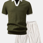 Ensemble Capucine — polo gaufré en maille contrastante à col Johnny & short gaufré en maille à cordon