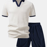 Ensemble Capucine — polo gaufré en maille contrastante à col Johnny & short gaufré en maille à cordon