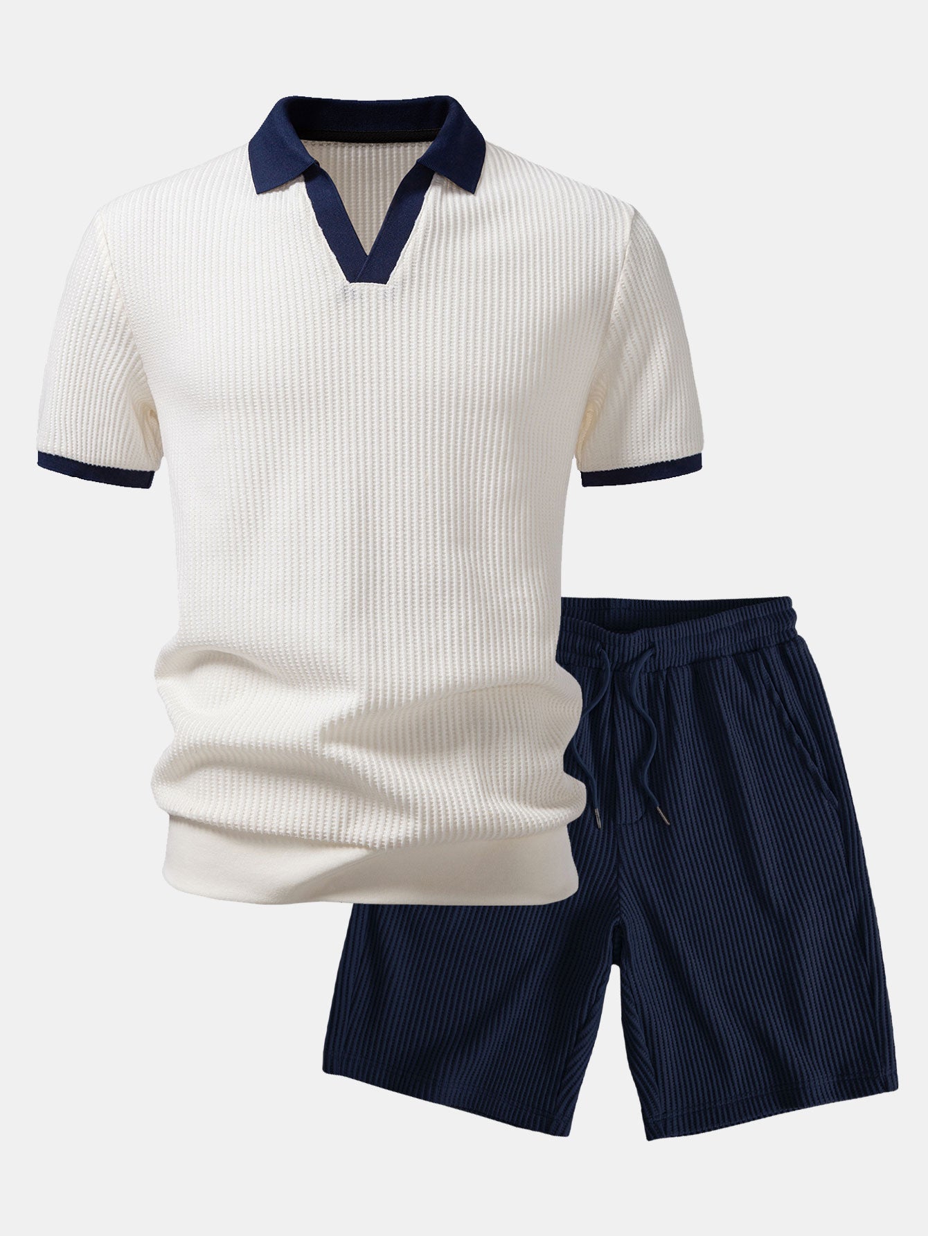 Ensemble Capucine — polo gaufré en maille contrastante à col Johnny & short gaufré en maille à cordon