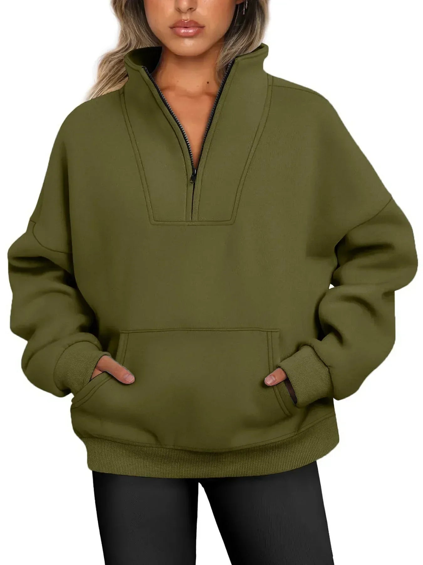Lunette | Sweat quarter-zip Vert armée, photo studio