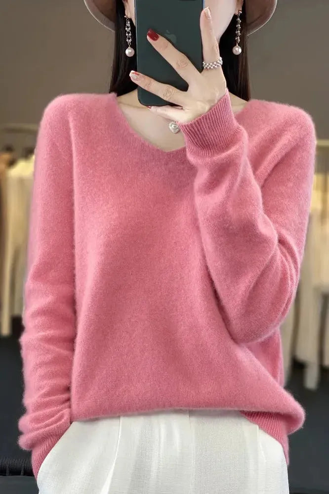 Harmonia | Pull en maille à col rond et poignets côtelés Rose, photo studio