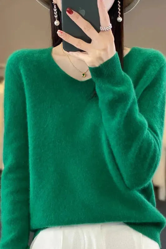Harmonia | Pull en maille à col rond et poignets côtelés Vert foncé, photo studio