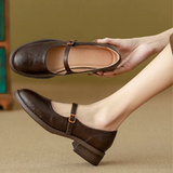 Mary Janes en Cuir à Talon Bas Marron