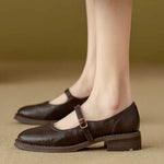 Mary Janes en Cuir à Talon Bas Marron