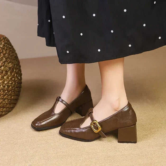 Mary Janes en Cuir à Talon Carré