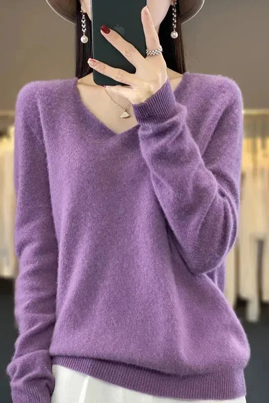 Harmonia | Pull en maille à col rond et poignets côtelés Lilas, photo studio