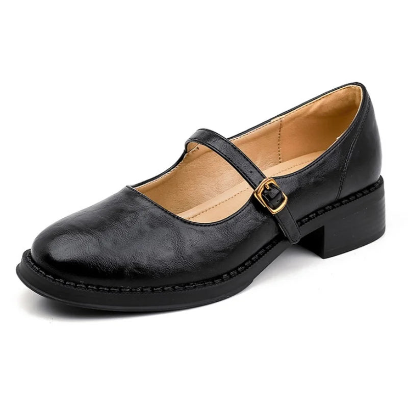 Mary Janes en Cuir à Talon Bas Marron
