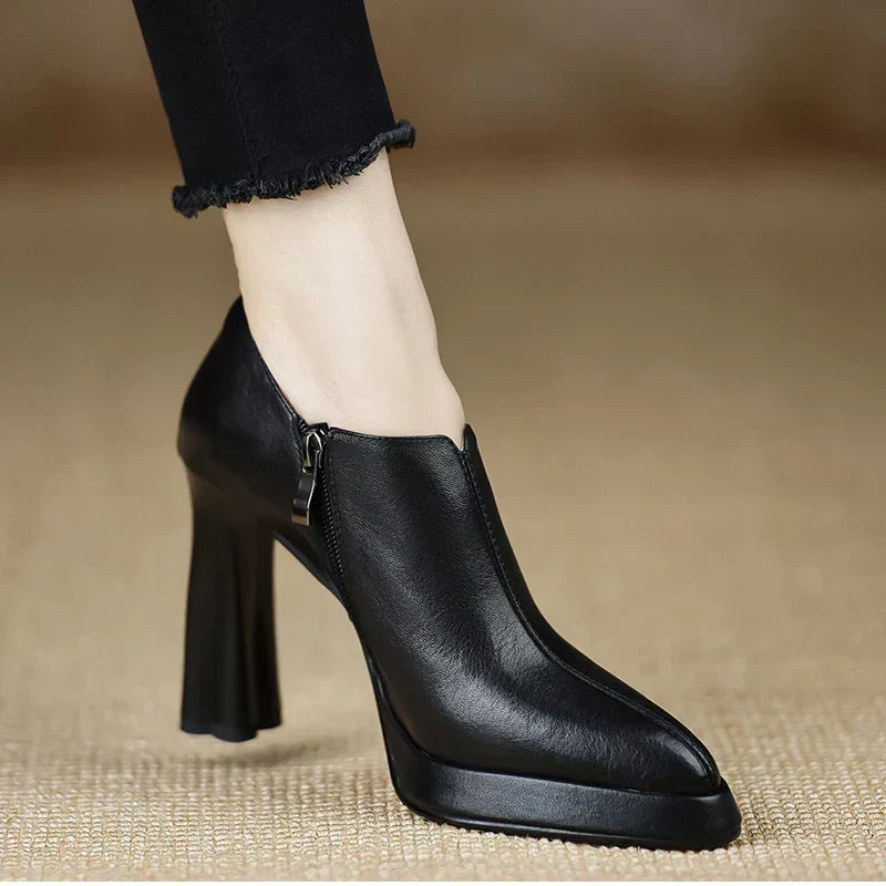 Bottines Basses en Cuir à Talon - Noir