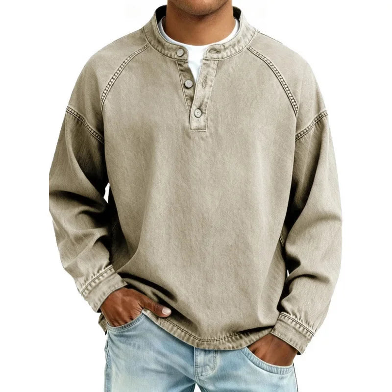 DENIM-LOOK HENLEY SHIRT FOR MEN